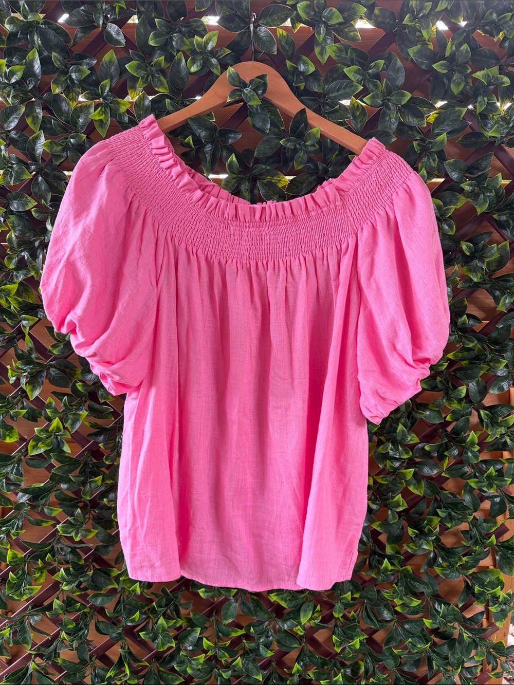 CeCe Pink Puff Sleeve Linen Smocked-Neck Blouse